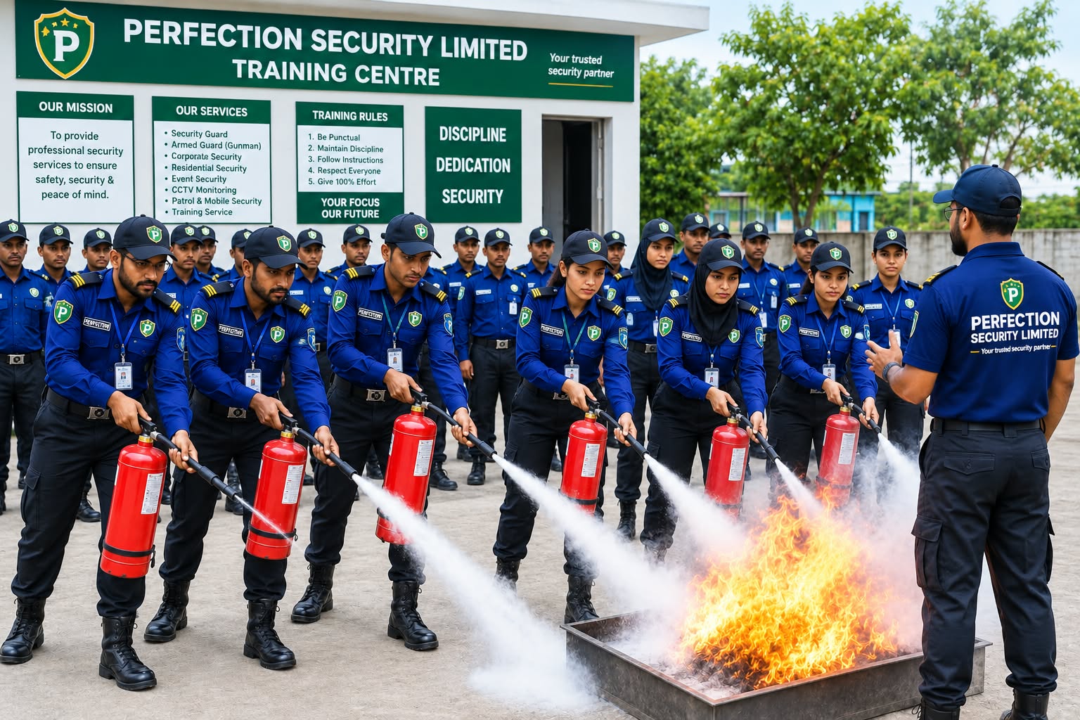 Security personnel practising fire extinguisher use